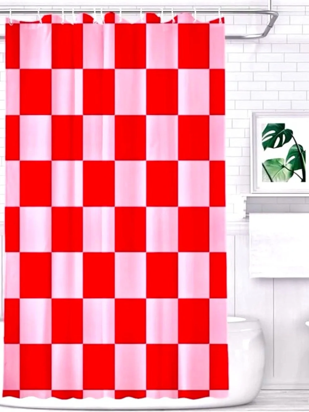 Elle Decor Femme Modern Vintage Pink & Red Checkered Bathroom Shower Curtain